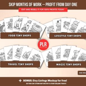 Libro para pintar de 150 páginas de tiendas (PLR), plantilla personalizable en Canva con derechos de reventa, set de páginas para colorear