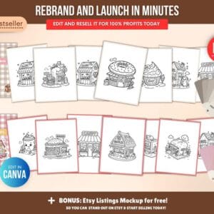 Libro para pintar de 150 páginas de tiendas (PLR), plantilla personalizable en Canva con derechos de reventa, set de páginas para colorear