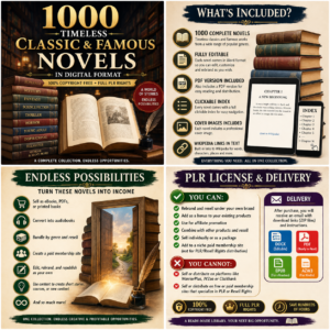Get 1000 timeless and famous classic novels in digital format—fully customizable, 100% copyright-free, and packed with full PLR rights.