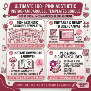 100 Editable Pink Instagram Carousel Templates | Canva Templates | PLR & MRR