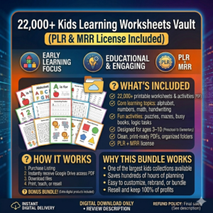 22,000+ Kids Learning Worksheets Vault | PLR & MRR | Preschool to Elementary Printables